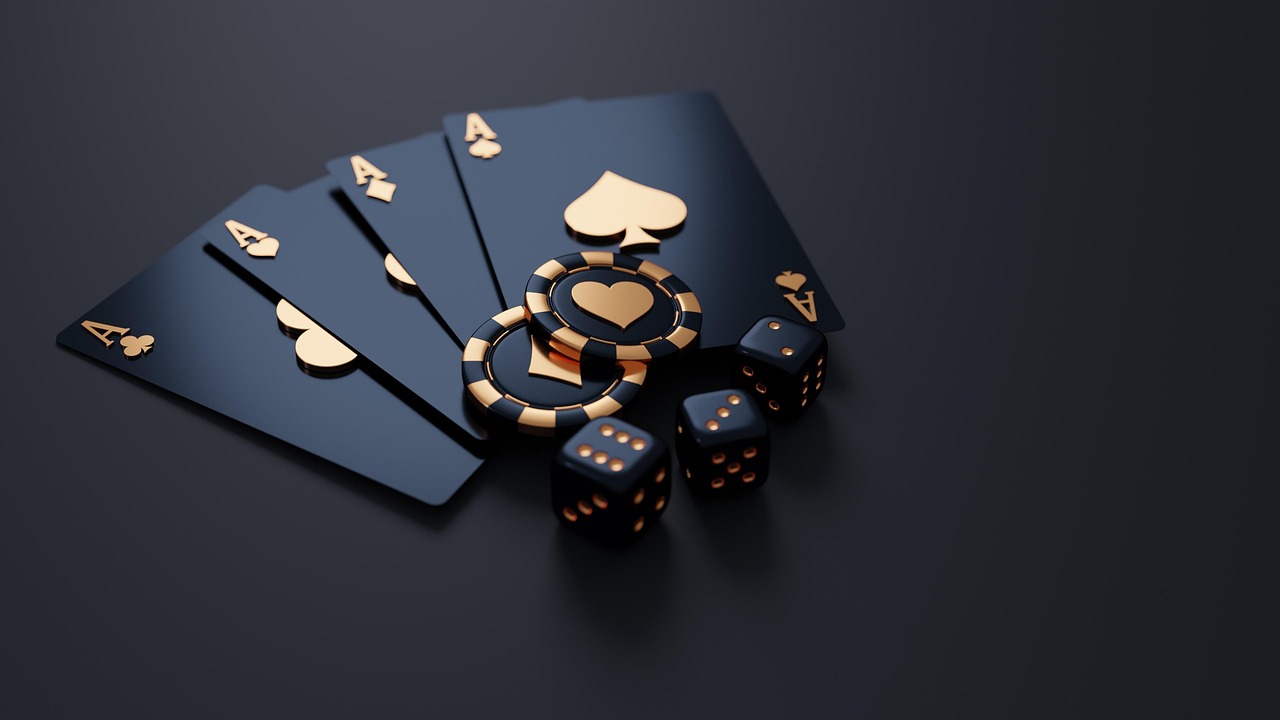 Premium casino poker cards, golden chips and dice on a dark table — 4SIX live casino